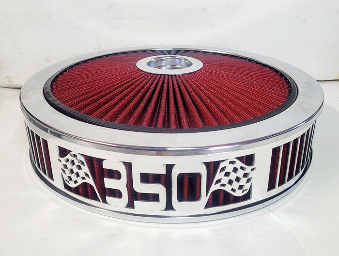 Air Cleaner, Universal 14" x 3" RED Filter Element, Bright Chrome Lip around RED Filtered Lid. 350 Series