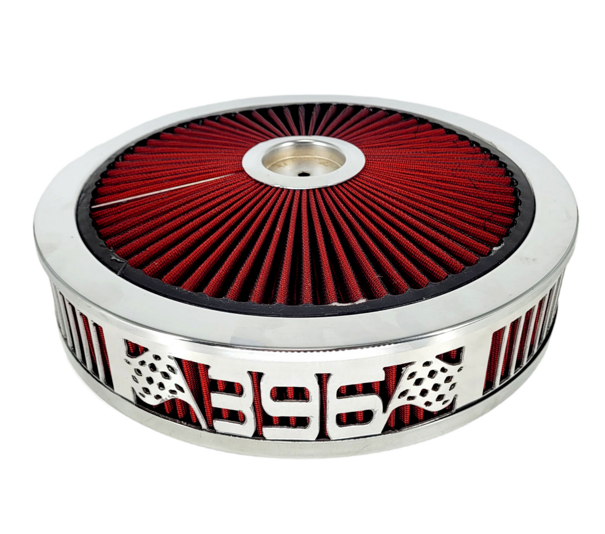 Air Cleaner, Universal 14" x 3" RED Filter Element, Bright Chrome Lip around RED Filtered Lid. 396 Series