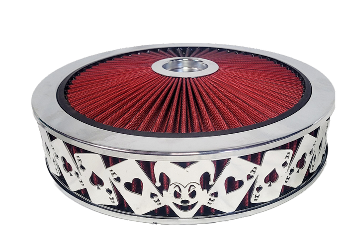 Air Cleaner, Universal 14" x 3" RED Filter Element, Bright Chrome Lip around RED Filtered Lid. JOKER Series