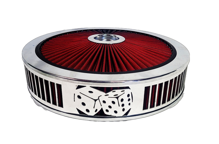 Air Cleaner, Universal 14" x 3" RED Filter Element, Bright Chrome Lip around RED Filtered Lid. CRAPS Series
