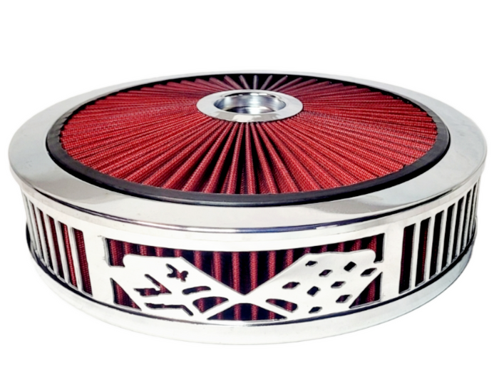 Air Cleaner, Universal 14" x 3" RED Filter Element, Bright Chrome Lip around RED Filtered Lid. FLAG Series