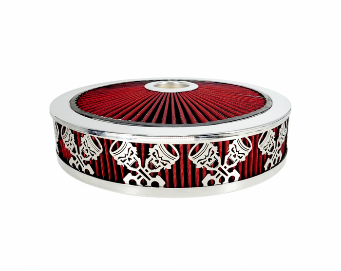 Air Cleaner, Universal 14" x 3" RED Filter Element, Bright Chrome Lip around RED Filtered Lid. SKULLZ and RODS Series