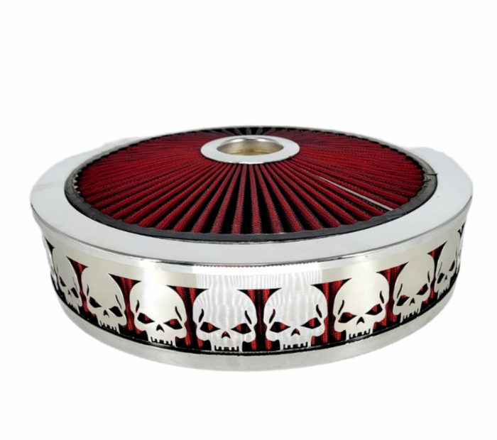 Air Cleaner, Universal 14" x 3" RED Filter Element, Bright Chrome Lip around RED Filtered Lid. SKULLS Series