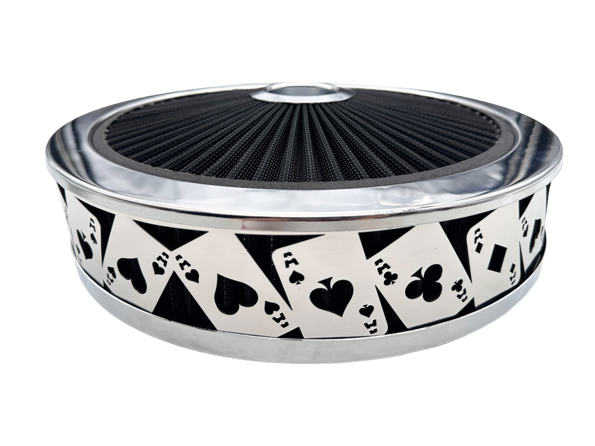 Air Cleaner, Universal 14" x 3" Black Filter Element, Bright Chrome Lip around Black Filtered Lid. ACES Series