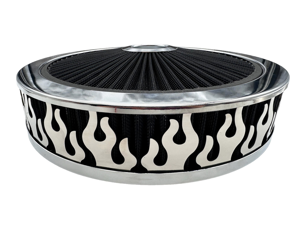 Air Cleaner, Universal 14" x 3" Black Filter Element, Bright Chrome Lip around Black Filtered Lid. FLAME Series