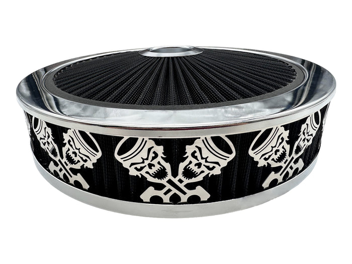 Air Cleaner, Universal 14" x 3" Black Filter Element, Bright Chrome Lip around Black Filtered Lid. SKULLS AND RODS  Series