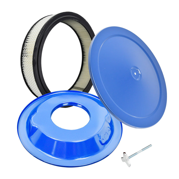 Air Cleaner, Universal Kit, 14" x 3" with Muscle Car Top / Paper Filter / Recessed Base (Blue Steel)