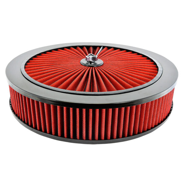Air Cleaner, Universal Kit, 14" x 3" with High Flow Top / Red Washable Filter / Flat Base (Black Steel)