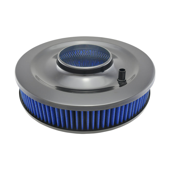 Air Cleaner, Universal Kit, 14" x 3" with High Flow Top / Blue Washable Filter / Flat Base (Black Steel)