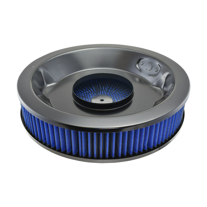Air Cleaner, Universal Kit, 14" x 3" with High Flow Top / Blue Washable Filter / Recessed Base (Black Steel)