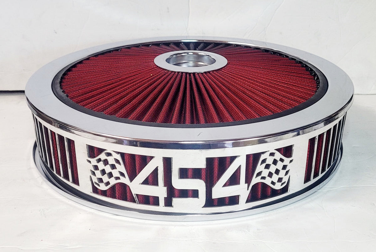 Air Cleaner, Universal 14" x 3" RED Filter Element, Bright Chrome Lip around RED Filtered Lid. 454 Series