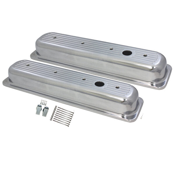 Valve Covers, 1987-97 SBC Chevy Ball-Milled Short with Hole (Polished Aluminum)