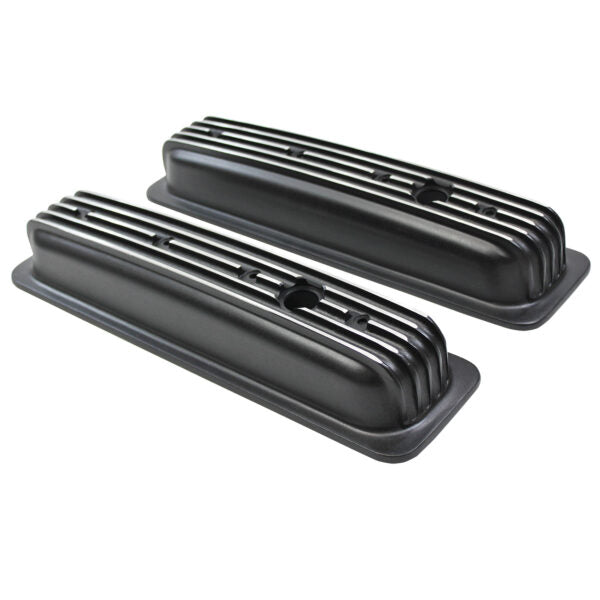 Valve Covers, 1987-97 SBC Chevy 5.0L & 5.7L Center Bolt Finned Short with Hole (Black Aluminum)