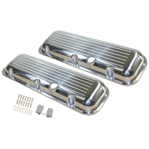 Valve Covers, 1965-95 BBC Chevy Ball-Milled Short with Hole (Polished Aluminum)