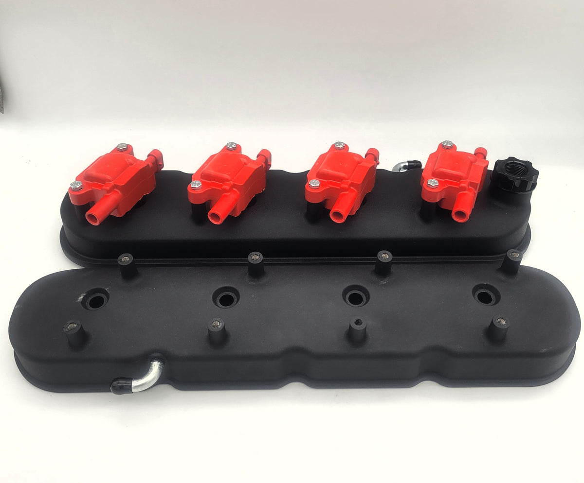 Valve Covers, GM LS Tall Black Valve Covers with Red 50K Volt Coils and Billet AN Breather