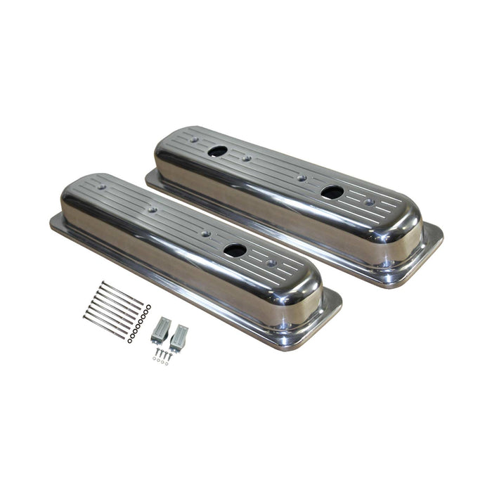 Valve Covers, Small Block Chevrolet Center-Bolt Short Ball Milled Polished Aluminum with Extra Breather Hole